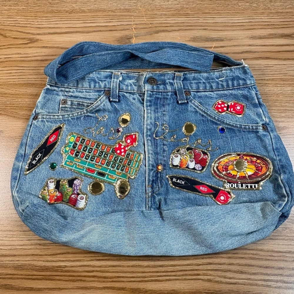 Levi Strauss Upcycled Denim Las‎ Vegas Gambling Patch Shoulder Bag Blue Good